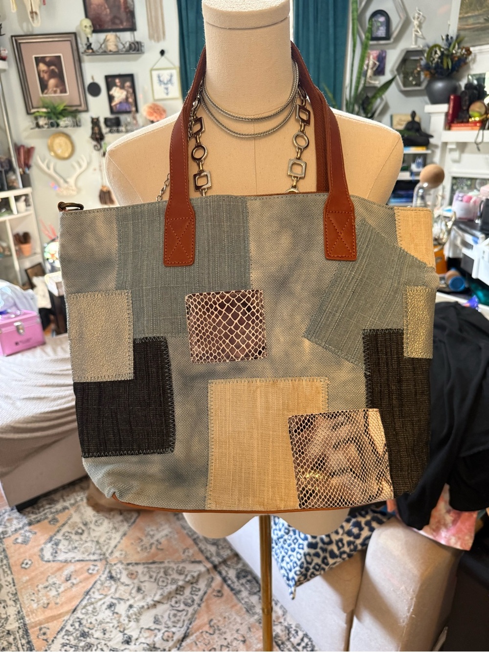 Patchwork Canvas Tote with Brown Leather Handles
